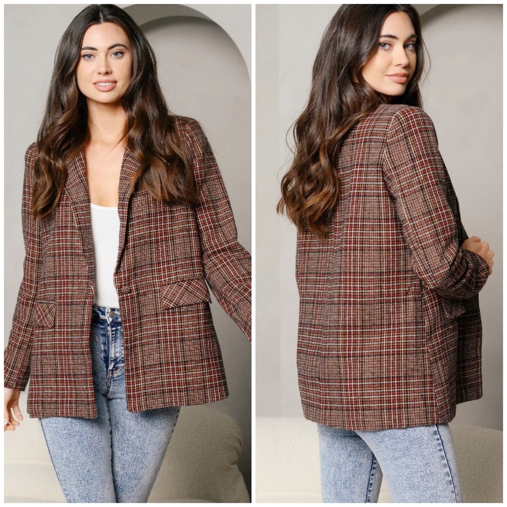 PEACH LOVE CALIFORNIA Vintage Chic Plaid Oversized Blazer
